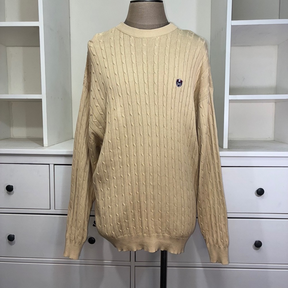 Phat Farm Mens XXXL‎ Beige Cable Knit Sweater Crew Neck Logo Patch Cotton